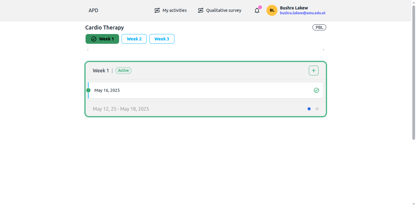 Activity Weeks page with the current week highlighted